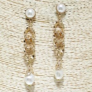 Faux White & Gold Pearl Dangle Earrings